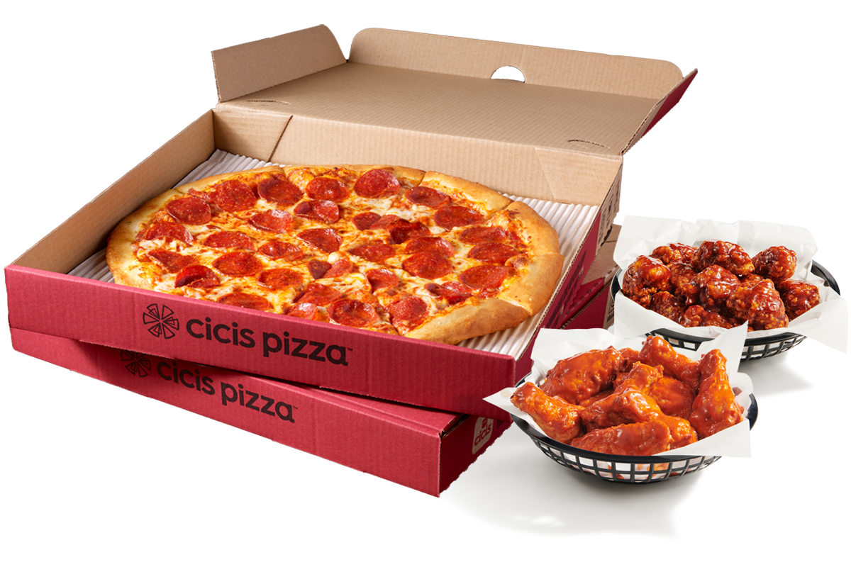 Stacked Cicis pizza boxes with one open showing a pepperoni pizza. Next to the boxes is a basket of boneless wings coated in a glossy sauce. deal image