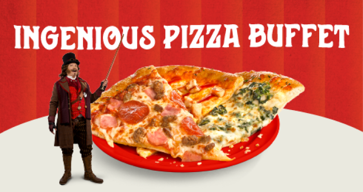 4-inch-tall character spokesperson, C.C. Pazzini, stands next to a plate stacked with threee pizza slices. Each pizza slice is loaded with toppings. Above him is text that reads 'Ingenious Pizza Buffet.'