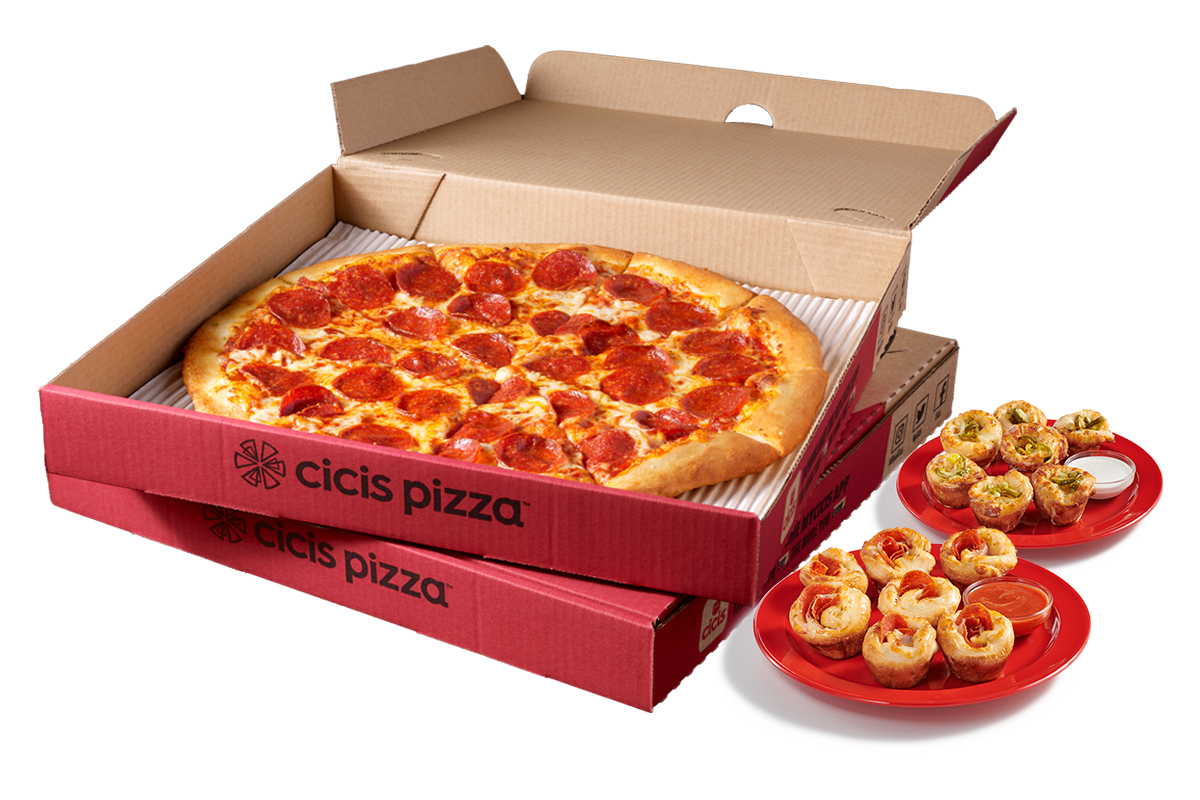 Stacked Cicis pizza boxes with one open showing a pepperoni pizza. Next to the boxes is a smaller box of pepperoni poppers with two poppers out in front on a small plate.